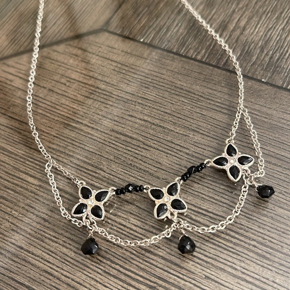 Monet Silver-Tone and Black Floral Necklace with Draping Chains - Picture 2 of 12